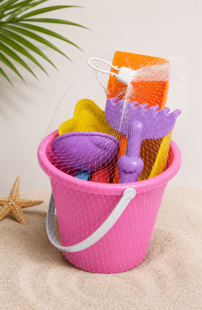 Bucket Set, a colorful beach toy playset packed in a mesh bag