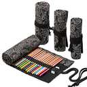 DIYOMR 24/36/72 Slots Pencil Wrap Pencil Rolls, Artist Colored Pencils Roll Up Bag Short Brushes Pouch Case Pencils Organizer for Drawing Coloring and Sketching (Black Leaves, 72slots)