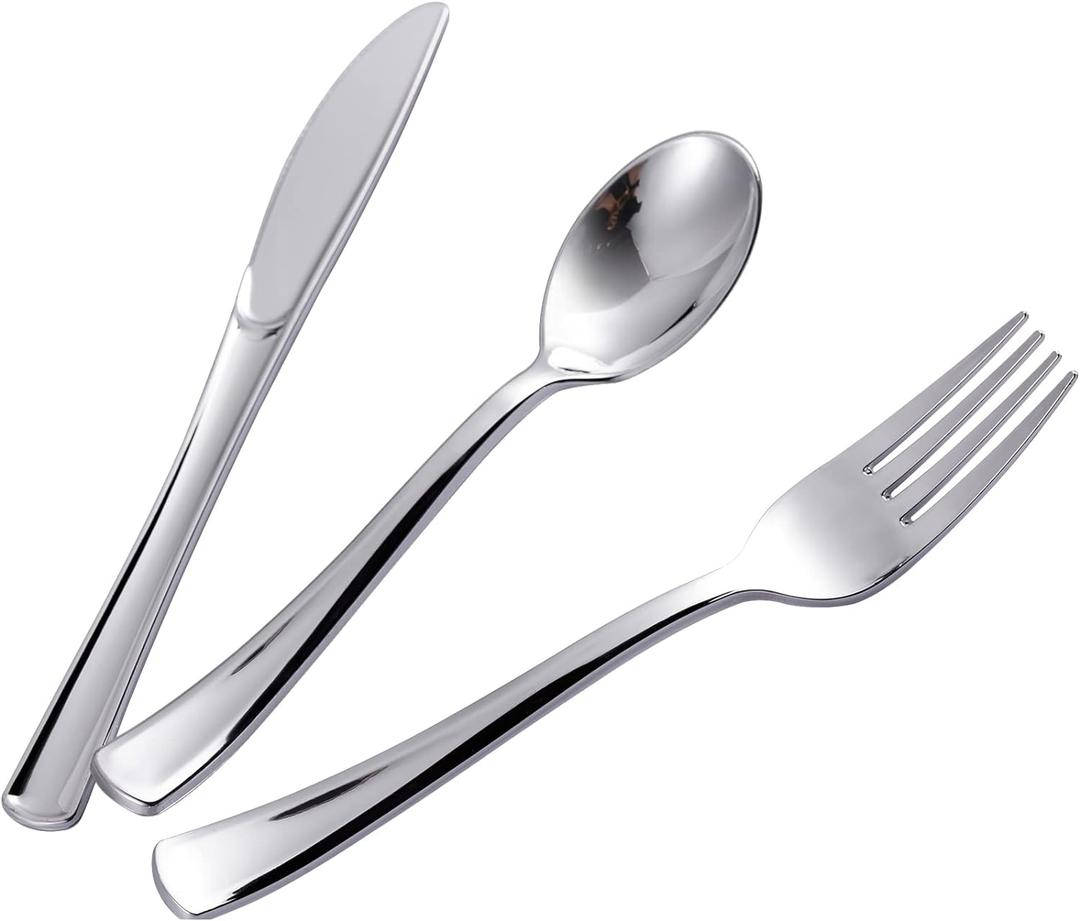 N9R 500PCS Silver Plastic Cutlery Set - 200 Forks, 150 Knives, 150 Spoons - Disposable, Premium, Sturdy - Silver, Plastic - Perfect for Gathering, Weddings, Parties