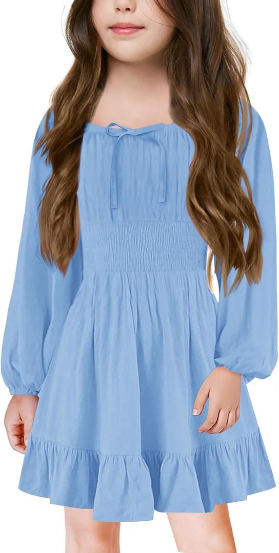 Batermoon Girls Long Sleeve Square Neck Casual Boho Smocked Short Dresses 5-14 Years (Blue, XXL)