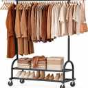 Heavy Duty Metal Clothes Rack Load 586 LBS, Height‑Adjustable Rolling Garment Rack for Hanging Clothes, Sturdy Wheel Clothing Rack with 2 Shelves, Portable Closet Wardrobe Organizer Rack,Black