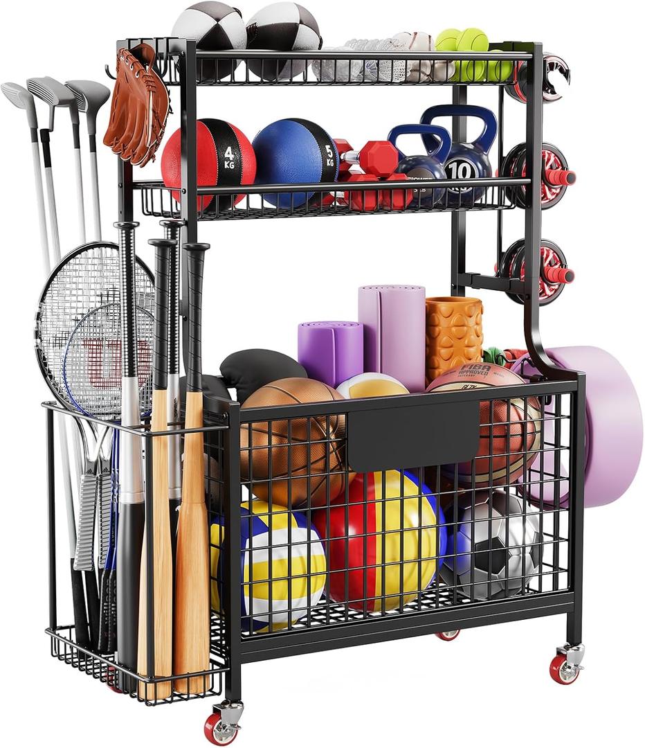 Garage Storage Sports Equipment Organizer: Utility Garage Ball Storage Rack with Wheels - Golf Bag Stand for Rolling Ball Cart with Hooks and Baskets for Basketballs Footballs Toys Indoor Outdoor use