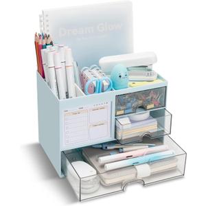 Desk Organizer with 3 Drawer, Multi-Functional Pencil Pen Holder for Desk, Desk Organizers and Storage with 8 Compartments, Desktop Organizer for Office Home Art Supplies (Blue)