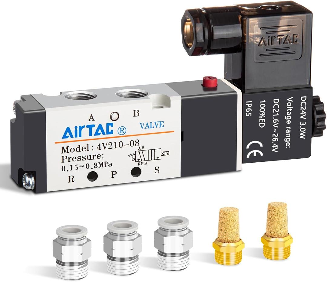 1/4" PT Pneumatic Solenoid Valve 4V210-08 Air Solenoid 24V Single Coil Pilot-Operated Electric 2 Position 5 Way Connection Type (AirTAC 4V210 PT1/4, DC24V)