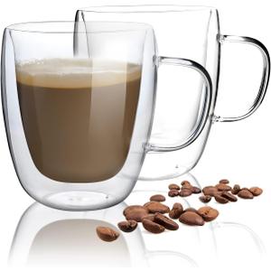 HORLIMER 15 oz Double Walled Glass Coffee Mugs Set of 2, Clear Insulated Coffee Cups with Handles for Espresso Cappuccino Latte Tea Milk