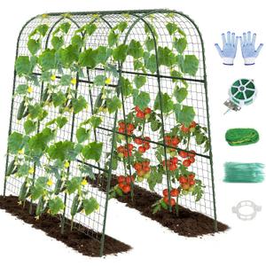 Cucumber Trellis, Metal Garden Arch Trellis for Raised Bed, 48 x 48inch U-Shape Garden Trellis for Climbing Plants Outdoor, Vegetables Fruit Plant Support with Netting, Gardening Supplies (Green)