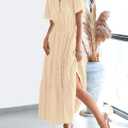 BTFBM Womens Summer 2026 Casual Midi Maxi Dresses Lightweight Short Sleeve V Neck Elastic Waist Boho Beach Dress Pockets (Apricot, Medium)