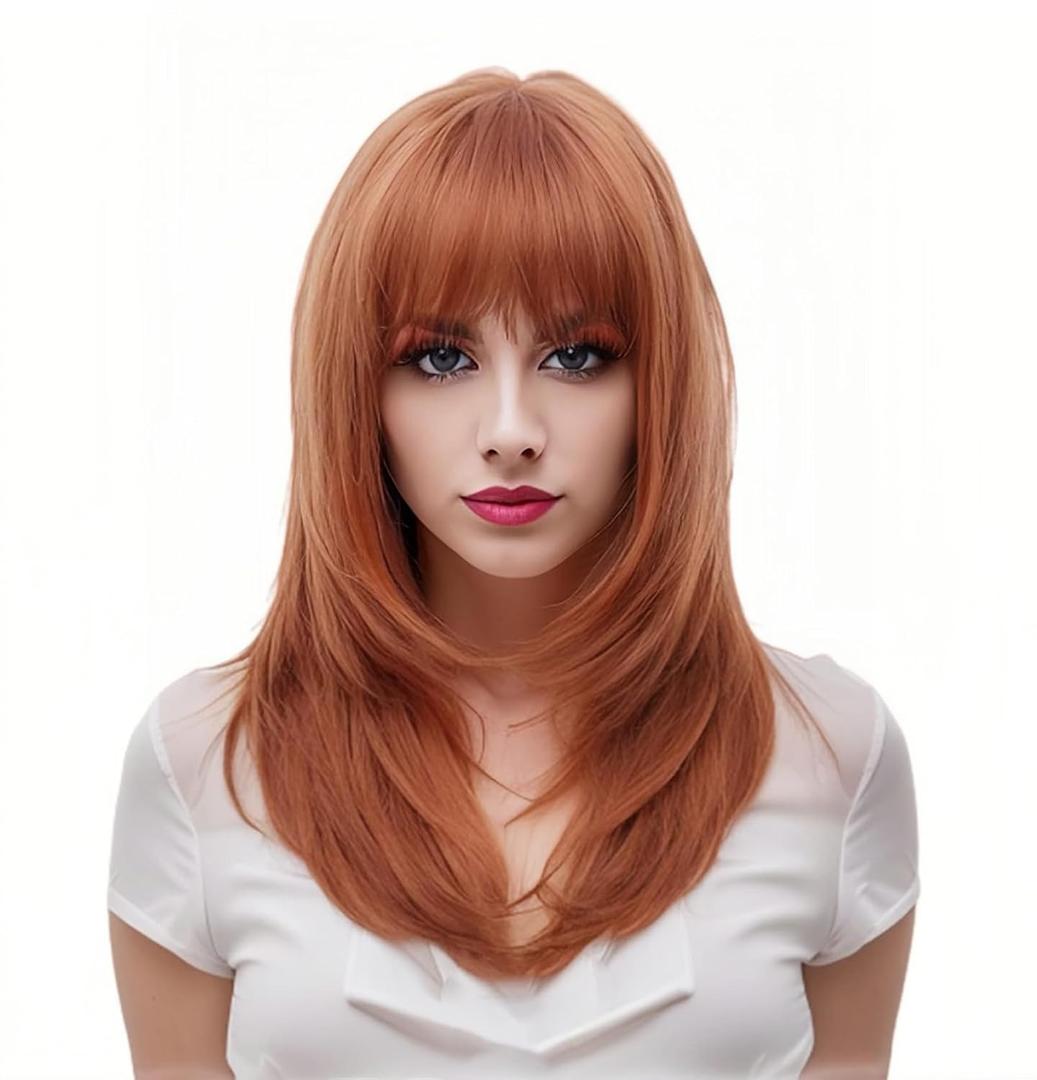 Rugelyss Long Auburn Wig with Bangs Layered Curly Copper Red Wigs for Women Natural Ginger Synthetic Wigs for Daily Use