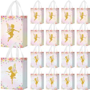 Locmeo 24 Pcs Floral Fairy Party Favor Bags with Handles Reusable Non Woven Floral Fairy Goodie Bags Pink and Purple Candy Treat Gift Bag for Girl Boy Birthday Baby Shower Party, 8 x 4 x 10 Inch