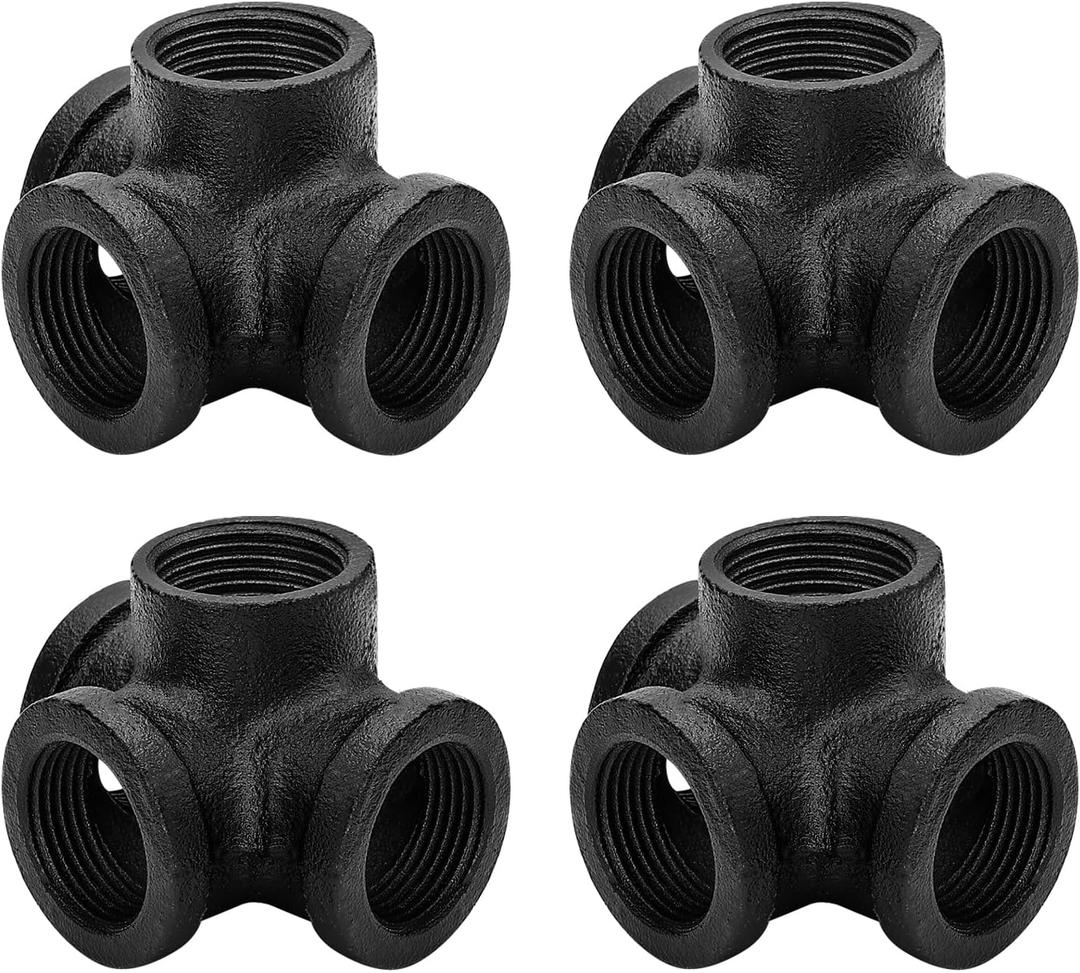 3/4" Black Pipe Fittings 4-Way Side Outlet Tee - Home Expert 10 Pack Malleable Cast Iron Threaded Pipe Fittings for Industrial Pipe Shelves Bracket, Vintage Industrial Pipe Furniture