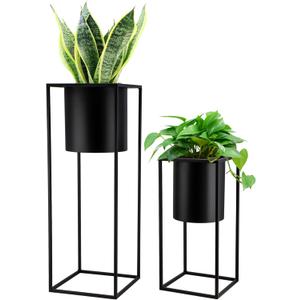 TRIROCKS Set of 2 Planters with Stand Large Metal Planter for Indoor Plants 28 &18" H Plant Pots for Living Room Corner Kitchen Office Garden Balcony Patio Decor(Black)