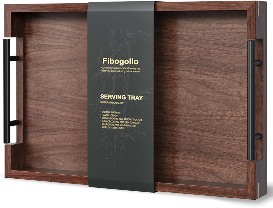 Fibogollo Walnut Wood Serving Tray with Metal Handles,15x10in Ottoman Decorative Trays Platter for Coffee Table, Living Room, Bar(Medium) (Brown)