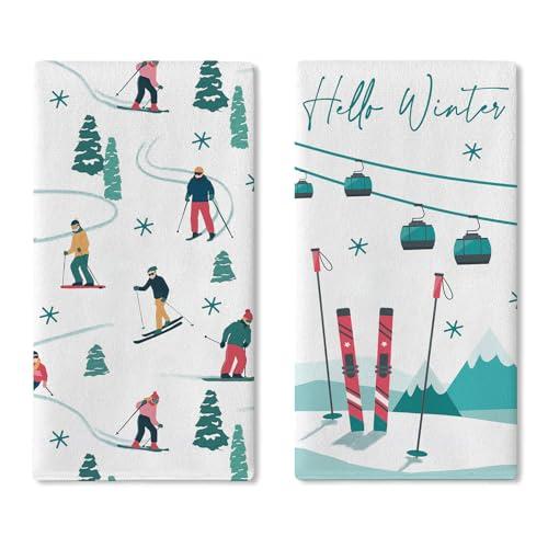 Croar Hello Winter Skiing Sport Kitchen Dish Towels Set of 2, Skier Snowboard Pine Tree Snow Mountain Drying Hand Towel Baking Cooking Cloth, Christmas Snowflake Bathroom Home Decoration 18'' x 26''