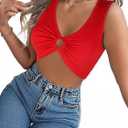 Women's Tank Tops Sexy Deep V Neck Sleeveless Shirts Y2k Night Out Crop Top with Ring (Red, L)