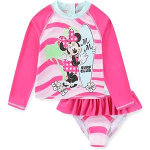 Disney Girls Minnie Mouse UPF 50+ Long Sleeve Rash Guard and Bikini Bottom 2-Piece Swimsuit Set for Toddler and Big Kids (4, Pink)