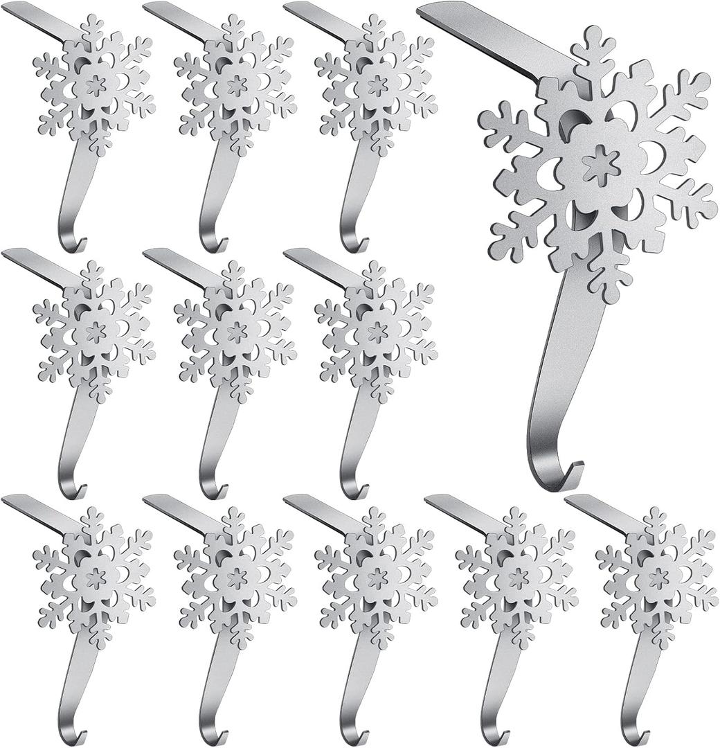 Peryiter 12 Pieces Snowflake Christmas Stocking Holders for Mantle Christmas Stocking Hooks Metal Sock Hangers Holder Stand Weighted for Fireplace(Silver)