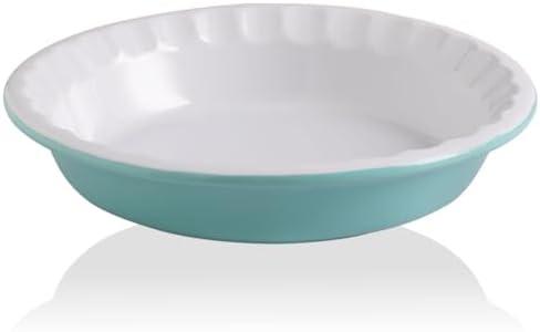Sweejar Ceramic 10.4 Inch Pie Pan, Deep Porcelain Round Dish, Non-Stick Baking Plate for Pumpkin and Apple Pies, Farmhouse Design (Turquoise)