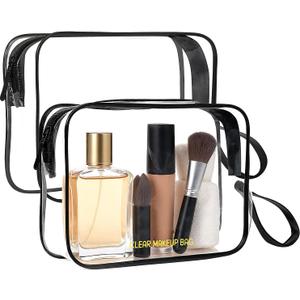 Clear Makeup Bag,2 Pack TSA Approved Toiletry Bag Travel Toiletry Bag Hanging Makeup Cosmetic bag for Women Men (Black).