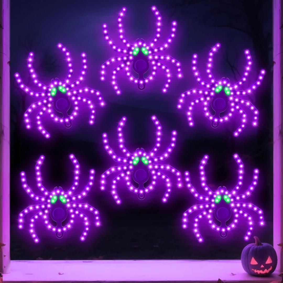 6 Pack 9" Halloween Classics Twinkling LED Spiders, Hi-Vibrant Aluminum Frame Spiders Window Silhouette Lights, 468 Purple and 24 Green LED Lights, Holiday Indoor Outdoor Decoration