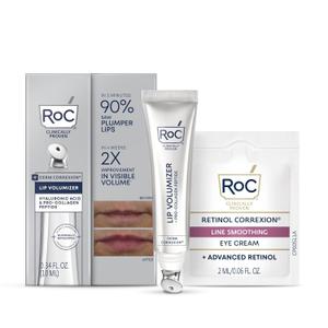 RoC Derm Correxion Lip Volumizer - Lip Plumper Peptide Treatment with Hyaluronic Acid & Vitamin E + Line Smoothing Eye Cream Packette