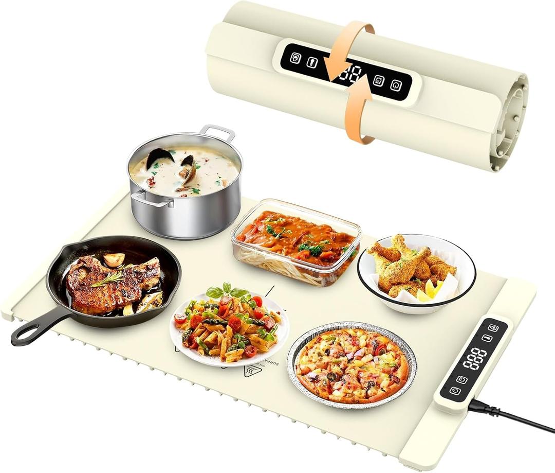 Warming Mat for Food, Food Warming Mat, Portable Electric WarmingTrays Buffets for Buffets Party and Home Daily Use, Heating Fastly in 10s, 5 Temp Levels Timed Function (White) 2 Pack