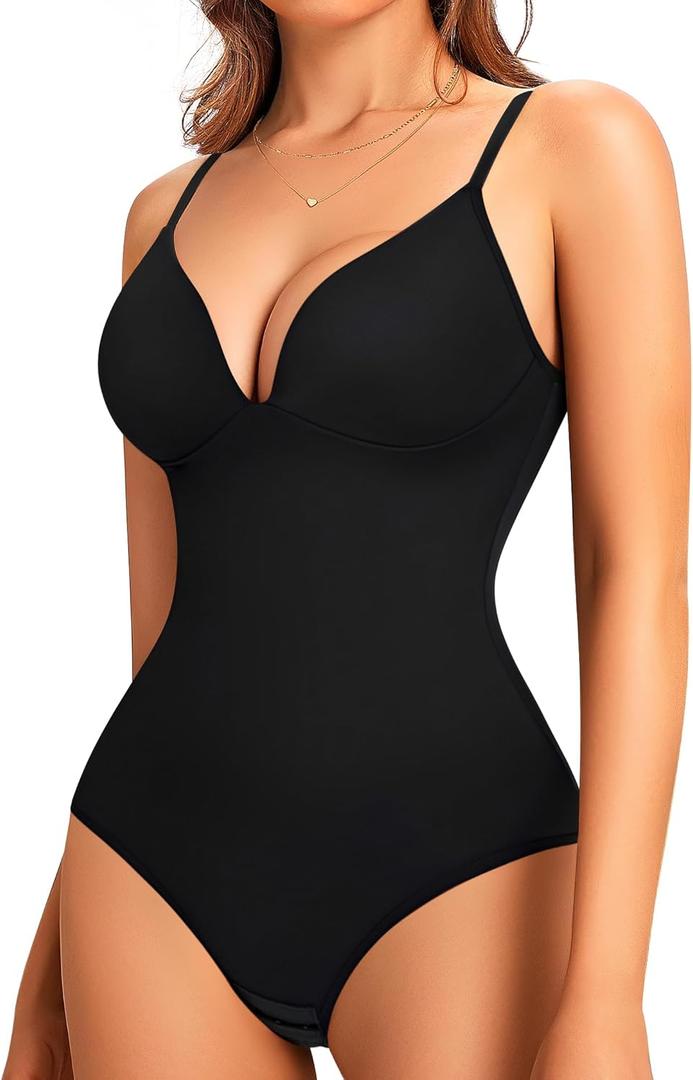 LODAY Shapewear Bodysuits for Women Deep V Neck Body Suit with Built in Bra (Large, Black)