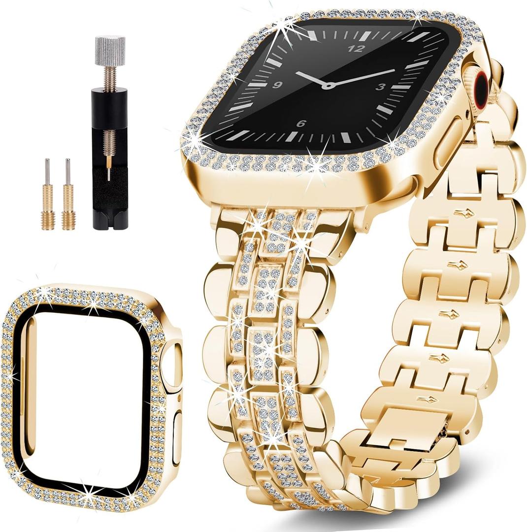 Bling Bands Compatible with Apple Watch Band 44mm for Women, Diamond Jewelry Replacement Metal Wristband Strap Shiny Bracelet with Crystal Protector Casefor iWatch Series 6/5/4/SE (Gold)