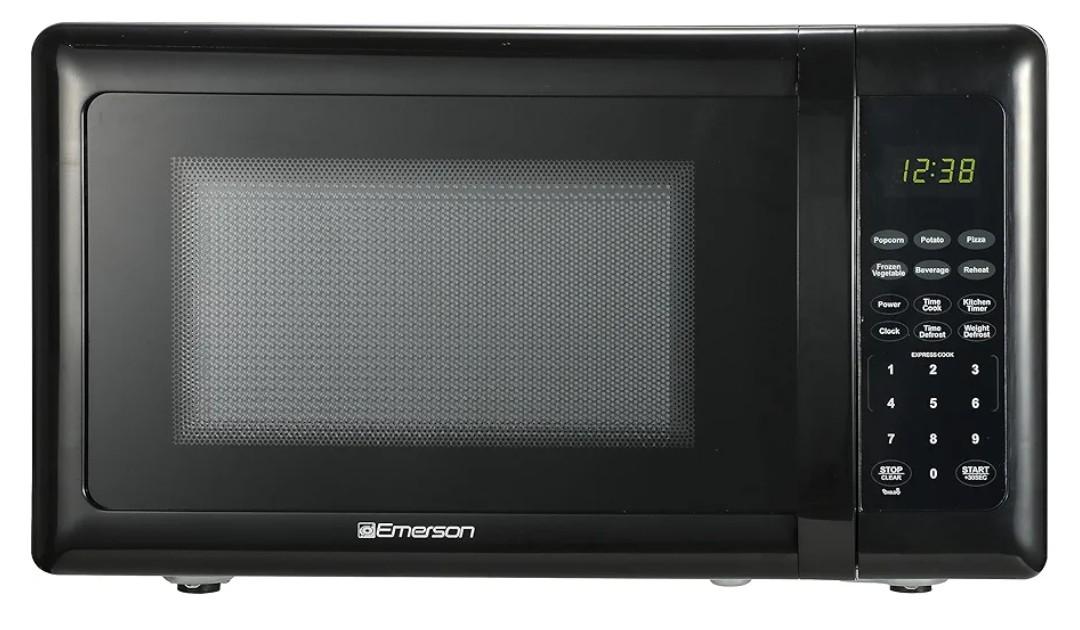 Emerson MW7302B Compact Countertop Microwave Oven with Touch Control, LED Display, 700W, 10 Power Levels, 6 Auto Menus, Glass Turntable and Child Safe Lock, 0.7 Cu., Ft. Black