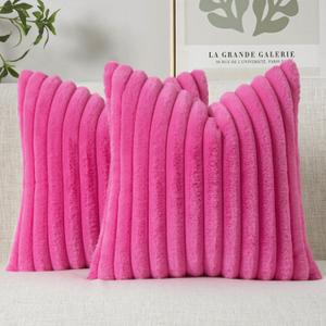 MIULEE Faux Fur Decorative Throw Pillow Covers 18x18 Inch Set of 2, Retro Vintage Boho Spring Home Decor Soft Plush Couch Pillows Cozy Fluffy Cushion Covers for Sofa Bed Hot Pink