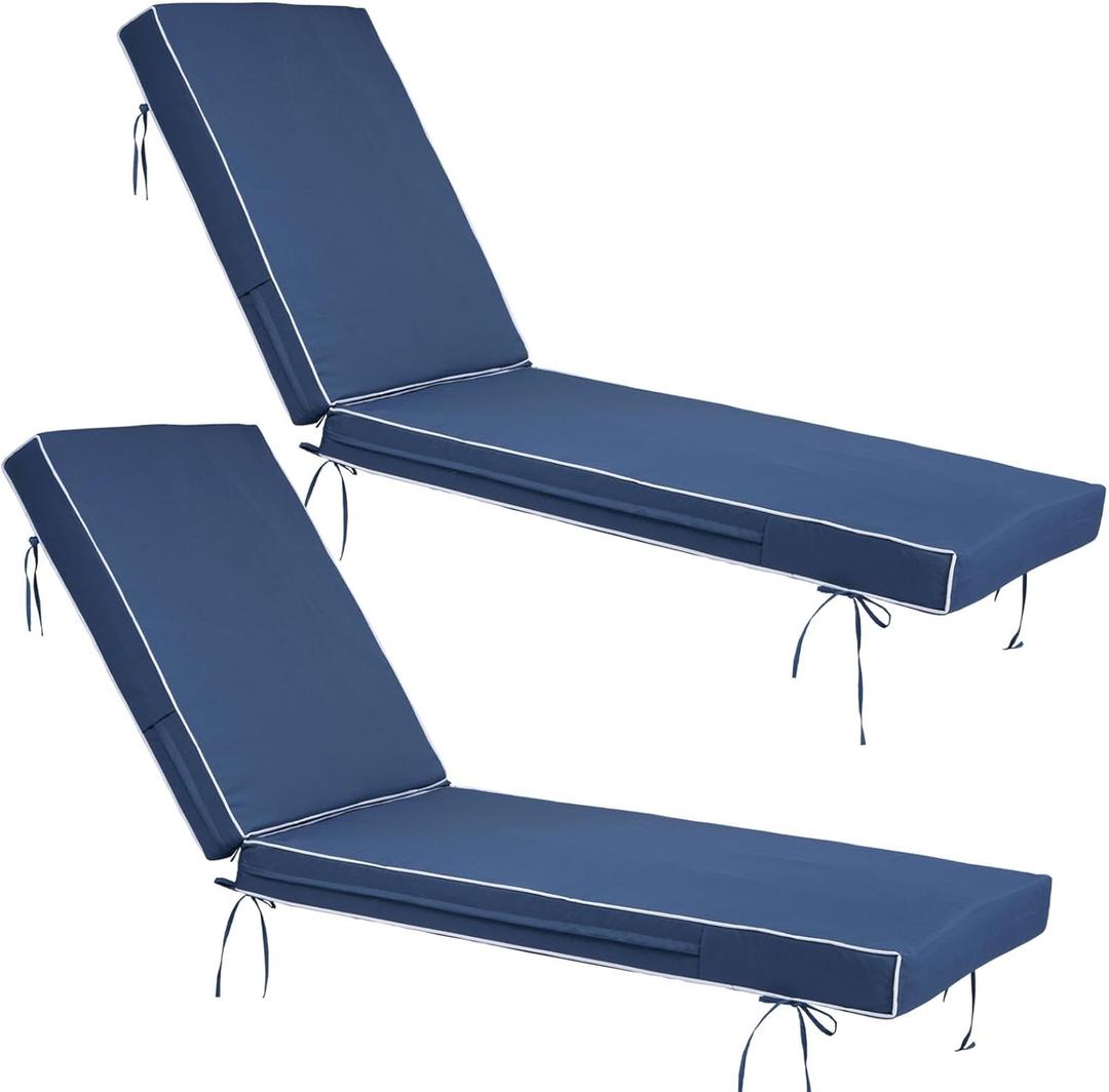 Chaise Lounge Cushions Outdoor Set of 2, Waterproof & Fade Resistant Patio Lounger Cushions, Replacement Sun Lounger Pads with Removable Cover for Pool, Deck, Lawn Furniture