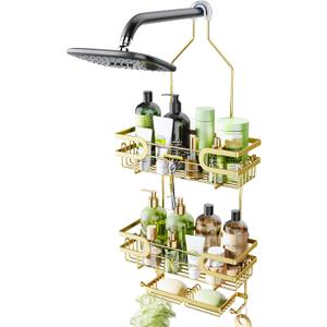 HapiRm Shower Caddy over Shower Head with 2 Soap Holders, Rustproof & Waterproof Hanging Bathroom Organizer with 12 Hooks, No Drilling Hanging Bathroom Caddy - Gold