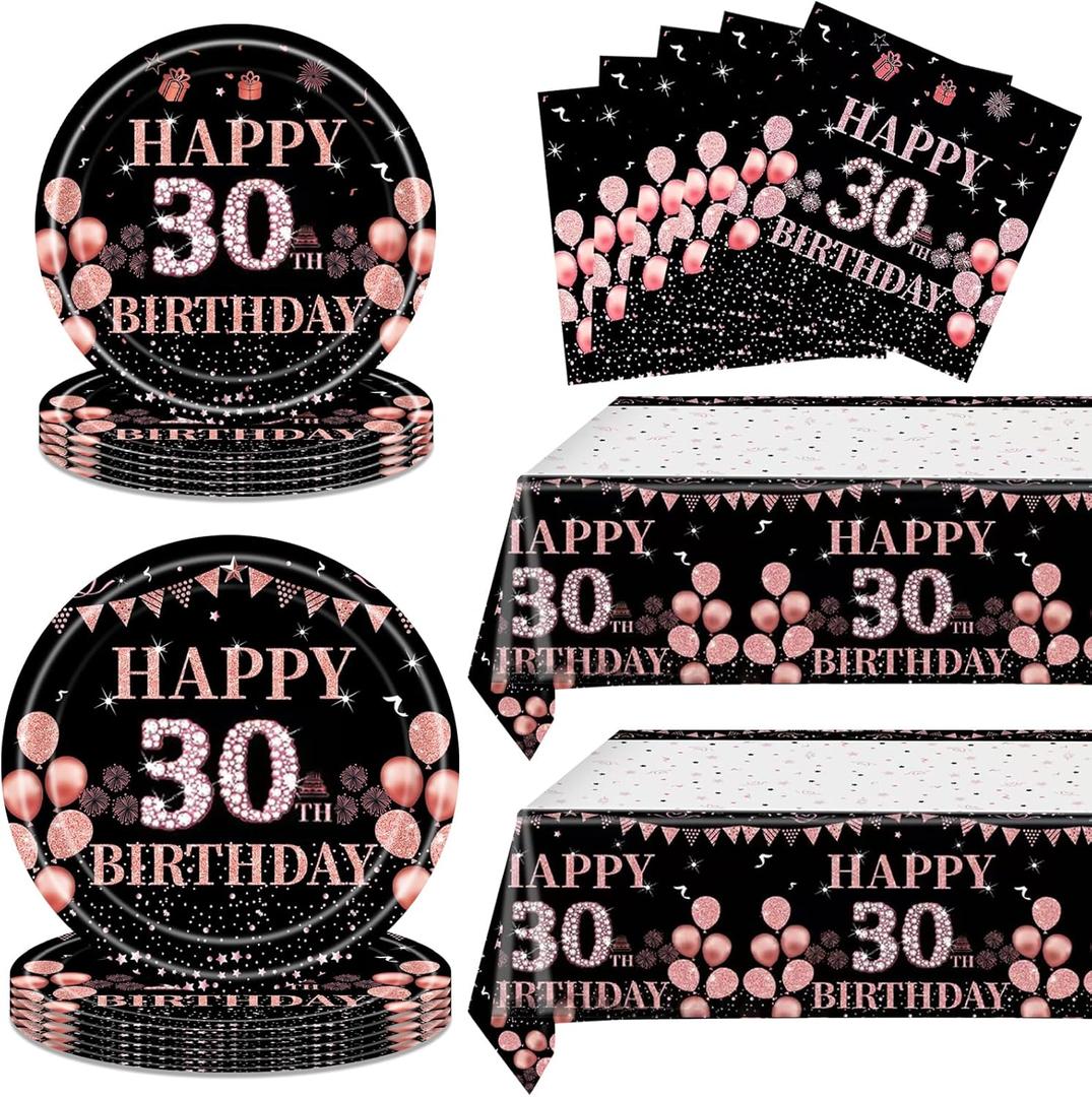 2 x 62Pcs 30th Birthday Decorations for Girls Her, Rose Gold Birthday Party Supplies Include 20 7''Plates 20 9'' Plates 20 Napkins and 2 Tablecloth, Rose Gold Princess Party Tableware for 20 Guests