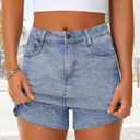 KDF Women's Denim Skirt with Shorts Trendy Denim Skort Jean Skirt with Raw Hem & Pocket (Blue)