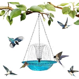 Hanging Bird Bath Fountain, Blue Glass Hanging Bird Bath with Water Fountain, Decorative Outdoor Bird Bath for Garden Yard Patio, Bird Water Feeder for Wild Birds