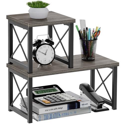 Honiter Desk Shelf for Top of Desk, Wood Desktop Shelf, 2 Tier Adjustable Bookshelf Organizer, Freestanding Stackable Desk Stand Storage Organizers Kitchen Counter Display Rack