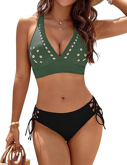 Blooming Jelly Women's Bikini Set Two Piece Swimsuit Modest Bathing Suit Petal Hollow V Neck Top String Mid Rise Bottom (Medium, Black and Green)