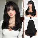 FESHFEN Long Wigs with Bangs, Synthetic Natural Looking Layered Straight Hair Wig for Women Daily Party Use 18 inch, Natural Black