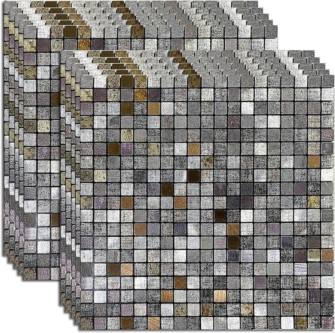 XUANINY Peel and Stick Backsplash Tiles for Kitchen,Bathroom,Fireplace,Self Adhesive Metal Aluminum Mosaic (12"x12") (10, Coffee + Gray Printing)