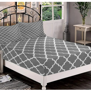 Decorative Fitted Sheet Set Full Size, Grey Deep Pockets Fitted Sheet(No Flat Sheet), Quatrefoil Pattern Barbed Design Geometric Leaf Printed Microfiber Beddin