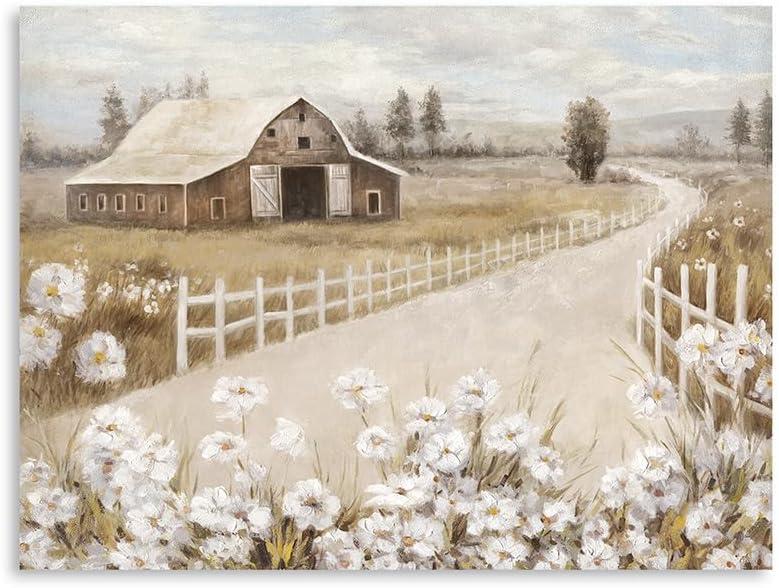 ForJoy Barn Painting Barn and White Flowers Wall Decor Farmhouse Old Barn Wall Art Rustic Wall Decor Ready To Hang (24"x16"x1 Panel)