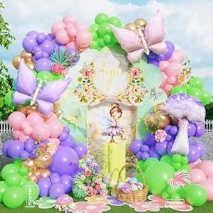 153Pcs Fairy Wonderland Balloon Arch Garland Kit Pink Purple Green Balloons with Butterfly Mushroom Foil Balloons for Spring Tea Garden Birthday Party Decorations