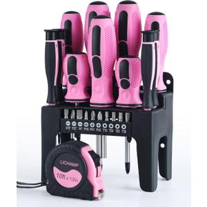 Lichamp 22-Piece Pink Tool Set, Small Magnetic Screwdriver set for Women with 10ft Tape Measure Pink