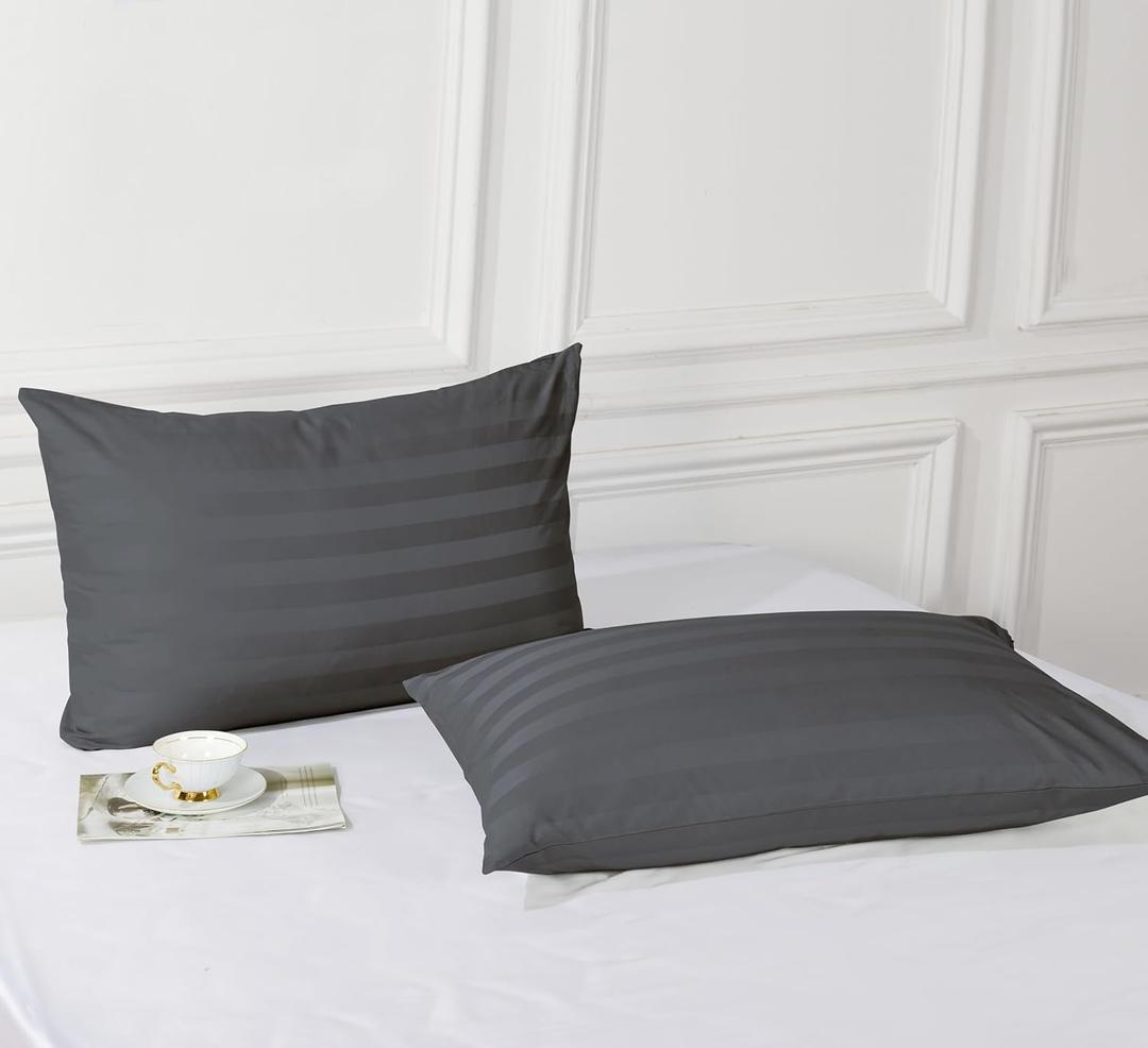 Pillow Protector Queen Size 100% Egyptian Cotton Pillow Covers, 400 Thread Count Sateen Weave Cooling Pillow Cases with Zipper Hidden, Breathable Non Noisy Easy Care, Set of 4 (Striped Dark Grey)