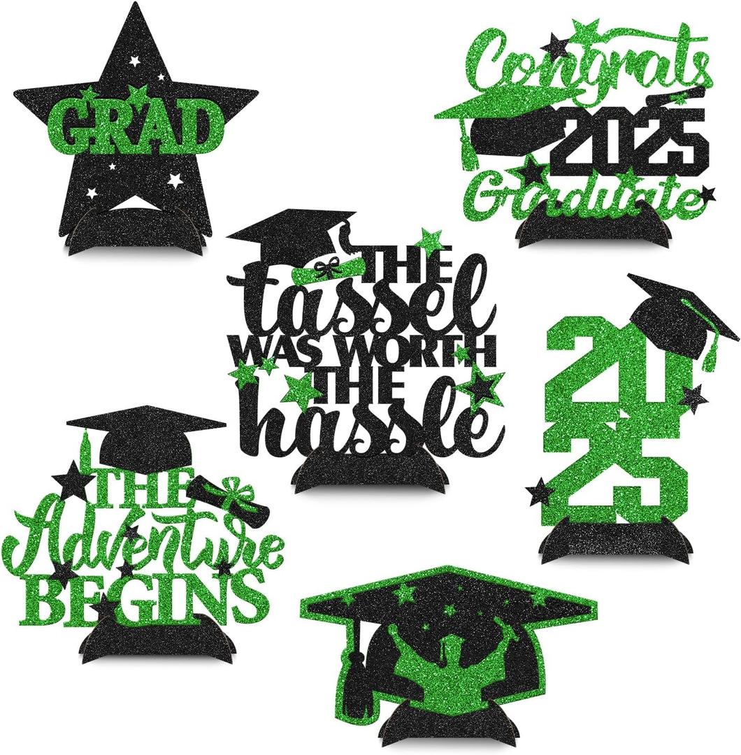 2025 Graduation Decor Green Graduation Glitter Centerpieces Table Topper Graduation Party Decorations Glitter Photo Booth Props Set of 6