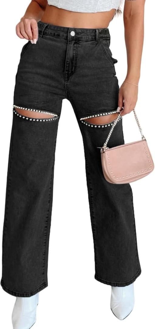 Unybwonn Women High Waist Baggy Ripped Jeans Rhinestone Trim Bling Denim Pants Y2k Straight Wide Leg Pants Streetwear (Medium, Black)