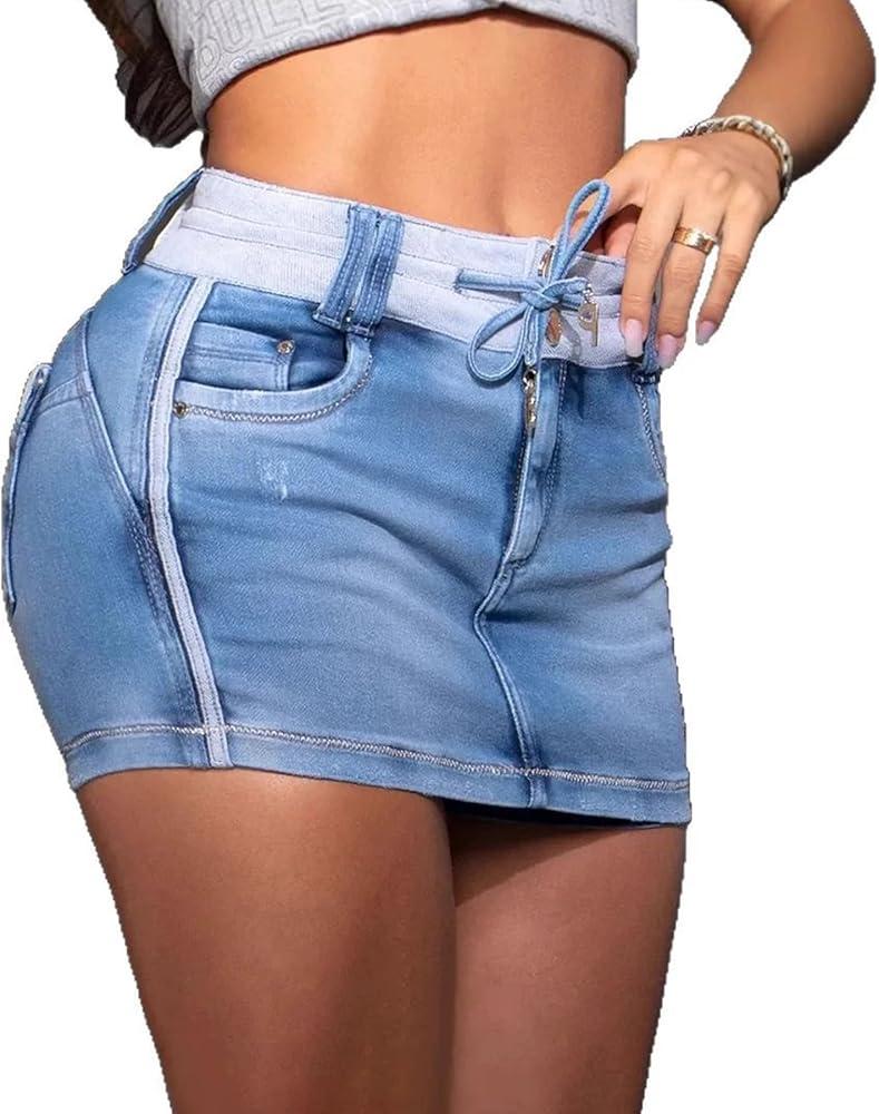 LAJIOJIO Denim Skirt Women,Jean Skirt for Women Drawstring High Waist Denim Skirts Jean Mini Skort with Zipper