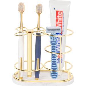 HarJue Toothbrush Holder Stand for Bathroom, Metal Toothbrush Organizer with Marble Base, Toothbrush Storage Collection for Family, Suitable for Home Hotel Countertop Vanity (Medium, Gold)