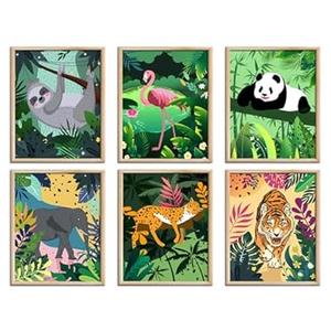 Jungle Safari Animal Wall Art Prints Poster, Tropical Nordic Safari Animal Wall Art, leopard Tiger Flamingo Tiger Palm Botanical Leaves Canvas Prints for Living Room Bedroom children's room decor, Set of
