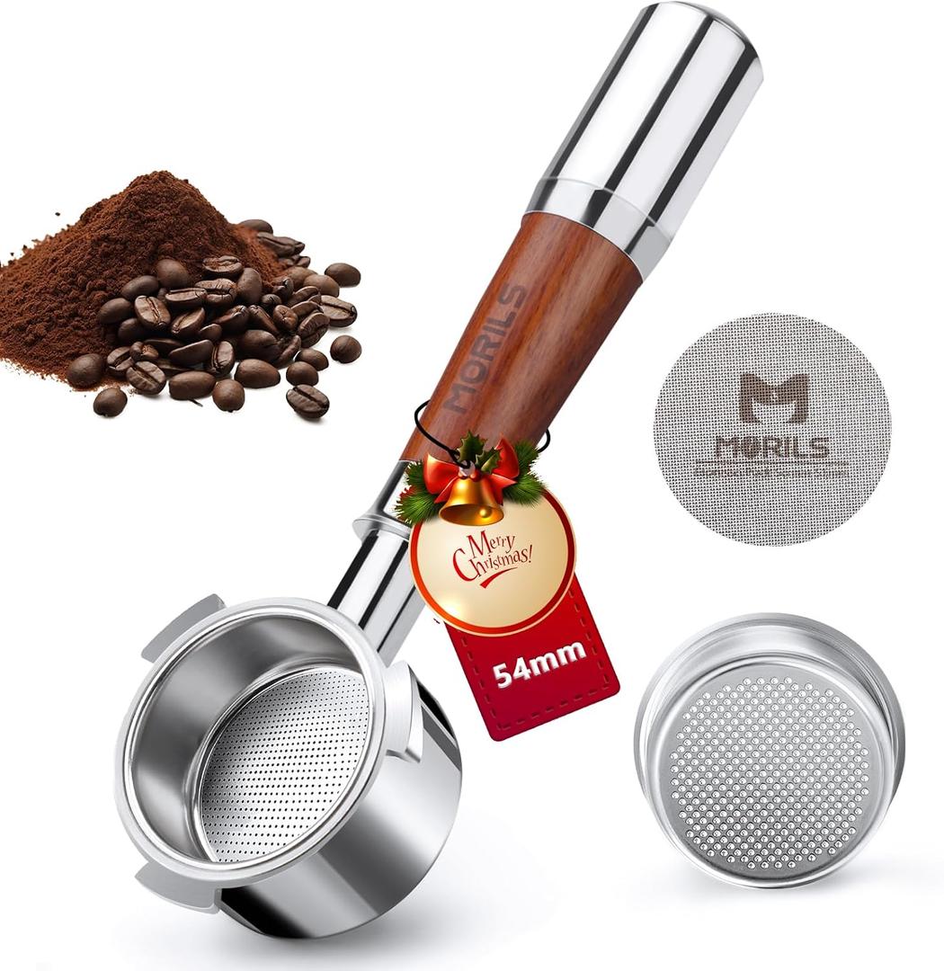 54mm Bottomless Portafilter for Breville Espresso Machines, 3 Ears Espresso Portafilter with Puck Screen,Double Shot Filter Basket & Premium Walnutwood Handle, Espresso Accessories Set