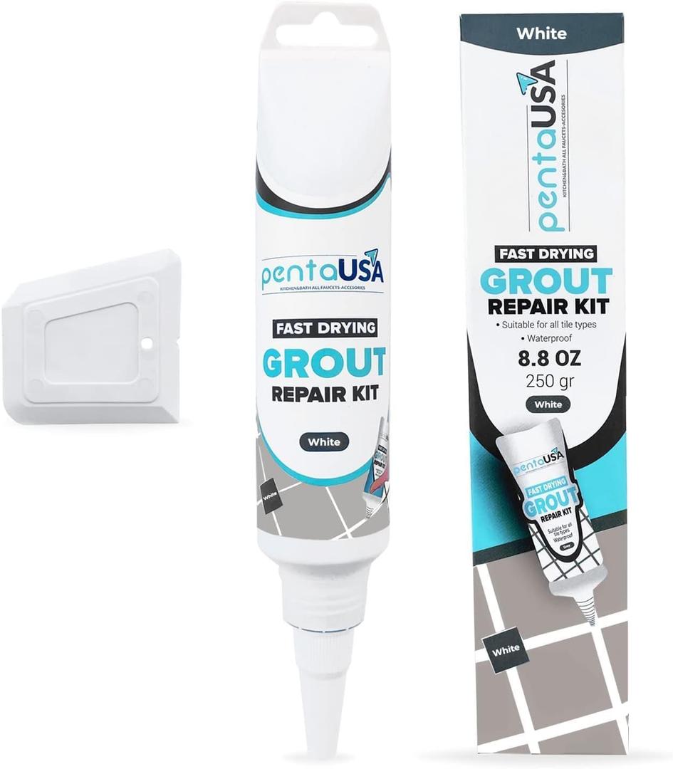 PentaUSA Tile Grout Repair Kit - White Grout Filler, Triple Protection, Fast Drying Formula Restores and Renews Grout Lines with Scraper (White, 8.8oz / 250gr)